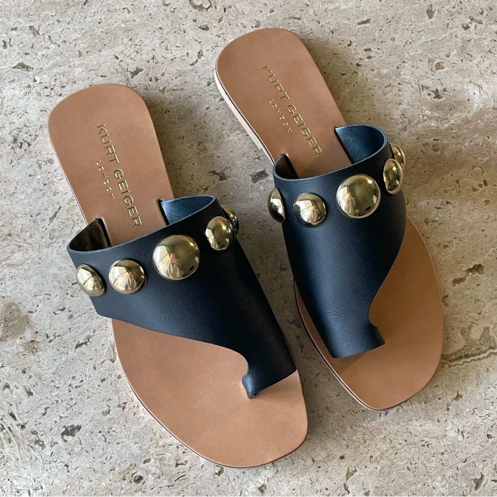 KURT GEIGER Black Leather Gold Ball Studded Toe Ring Sandals - EU 38 / 7.5-8 NIB - Picture 4 of 14